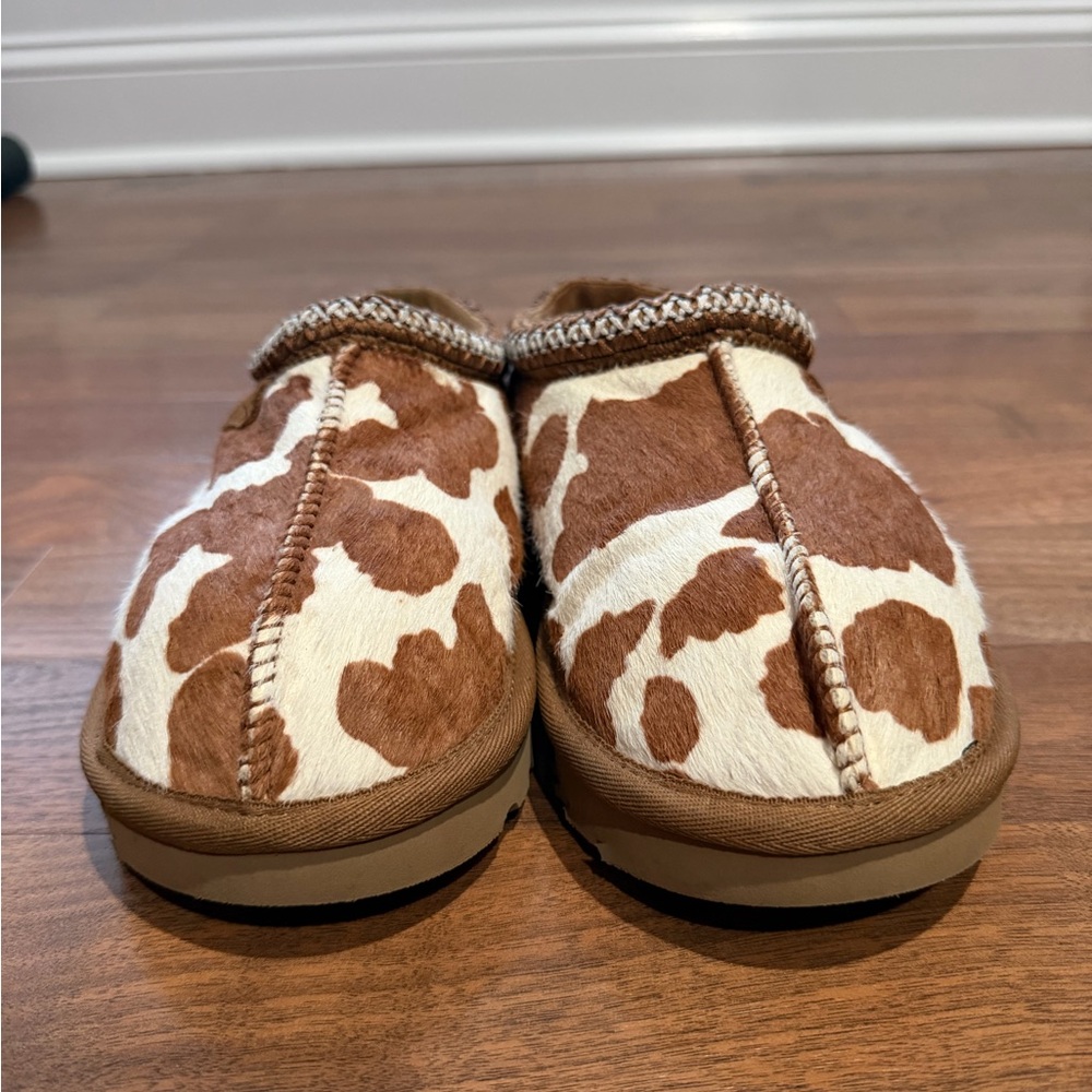UGG Women's Tan and Cream Cow Print Slippers - Picture 2 of 8